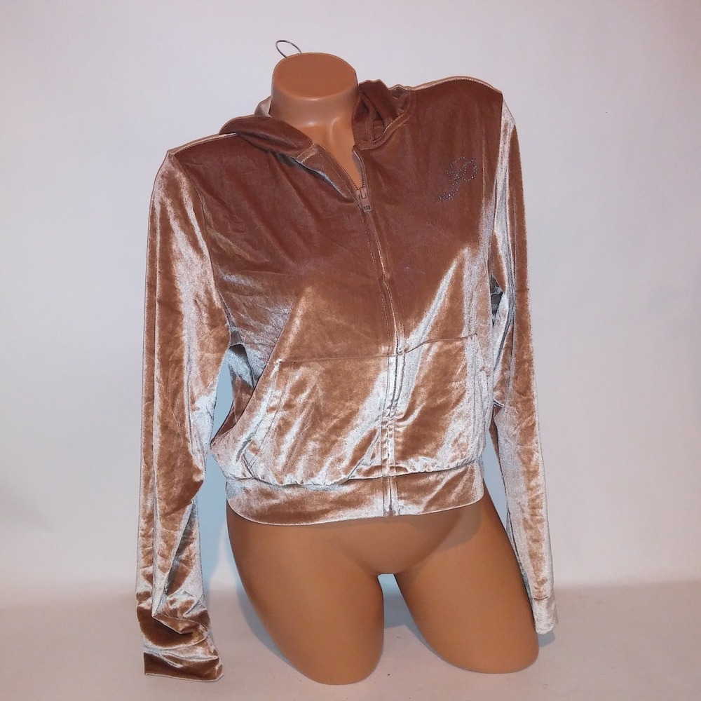 Victoria Secret PINK Hoodie Crop Top Full Zip Large Velour Bling Logo Beige New